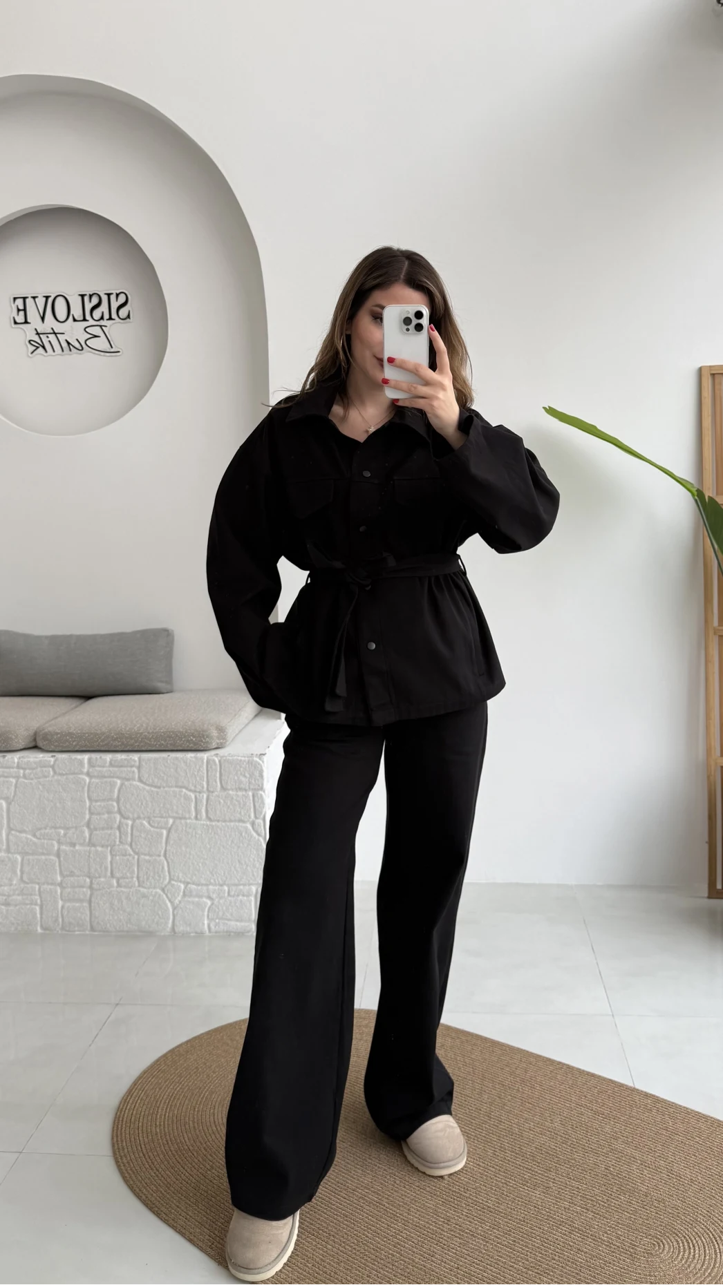 Kuşaklı Gabardin Takım - Siyah - Kod: 8897