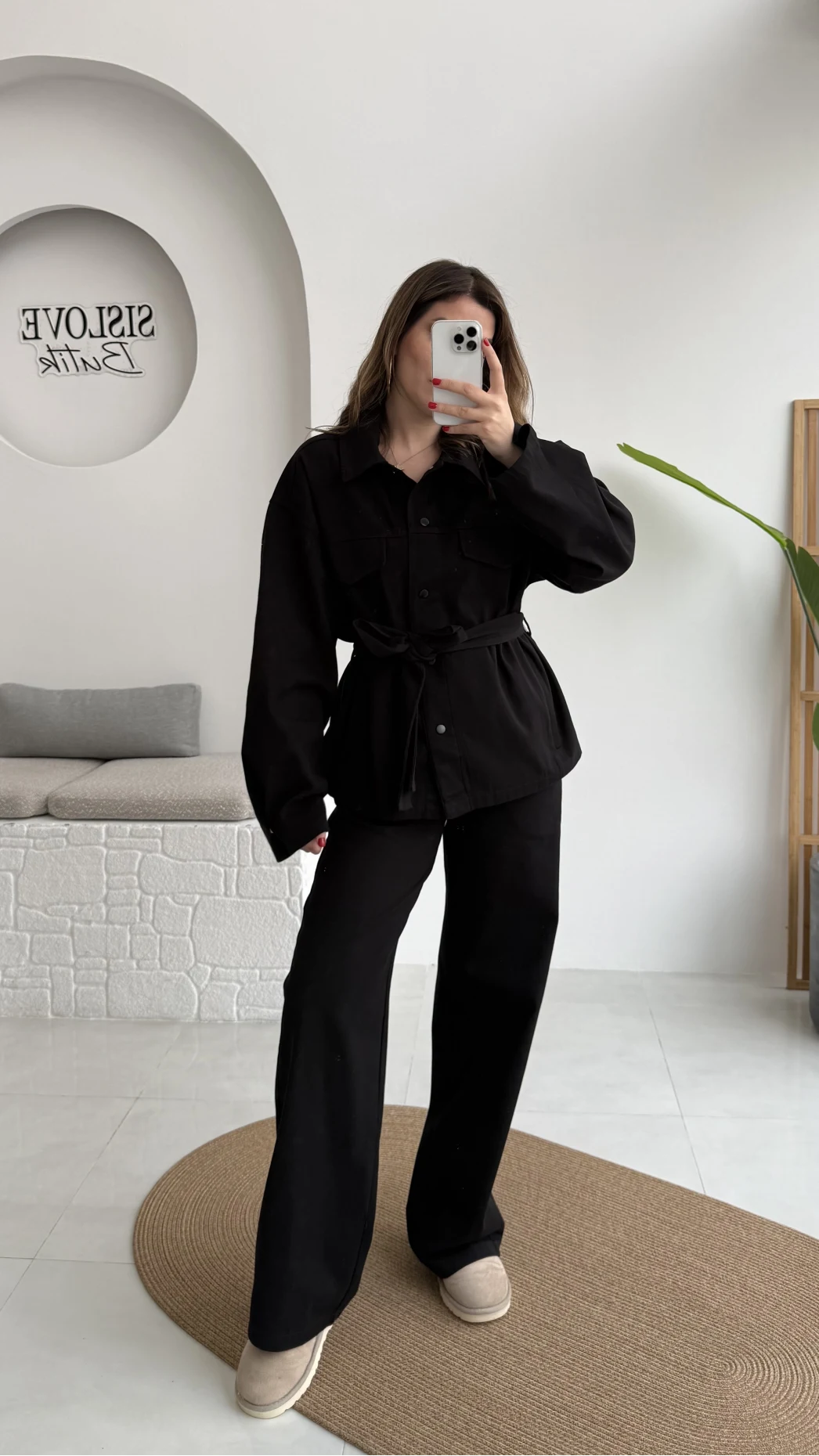 Kuşaklı Gabardin Takım - Siyah - Kod: 8897