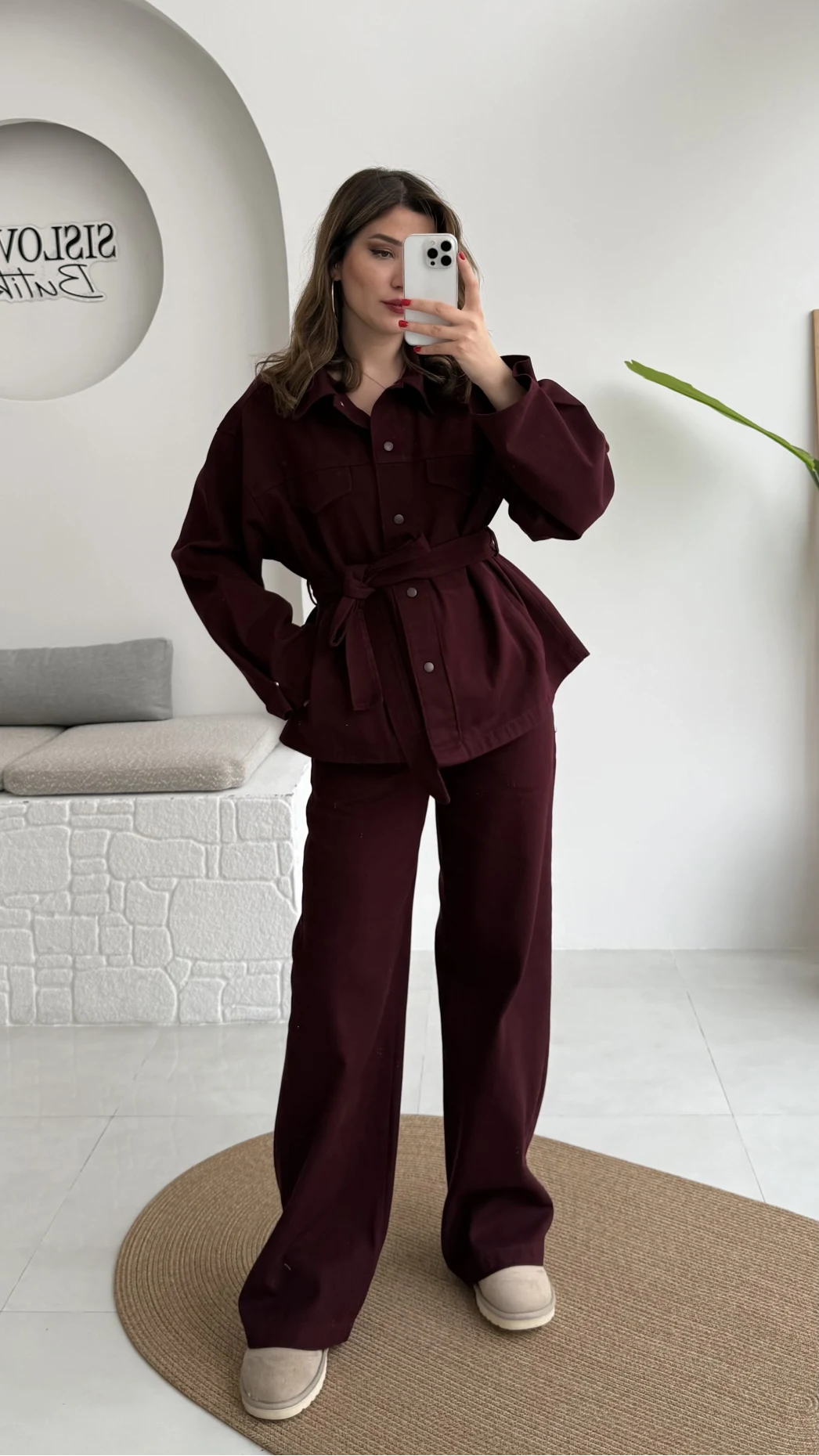 Kuşaklı Gabardin Takım - Mürdüm - Kod: 8897