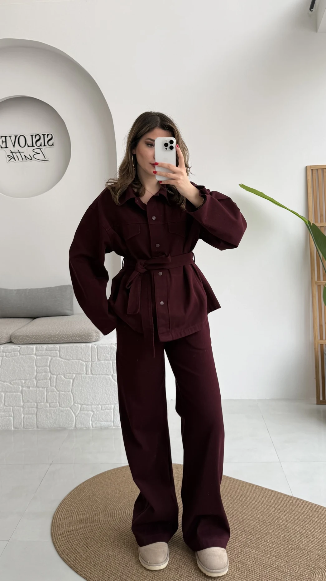 Kuşaklı Gabardin Takım - Mürdüm - Kod: 8897