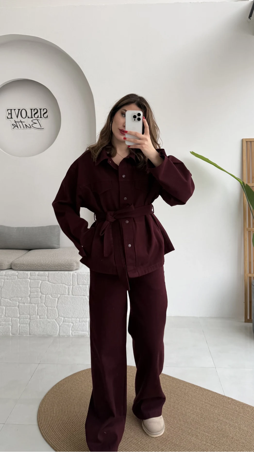 Kuşaklı Gabardin Takım - Mürdüm - Kod: 8897