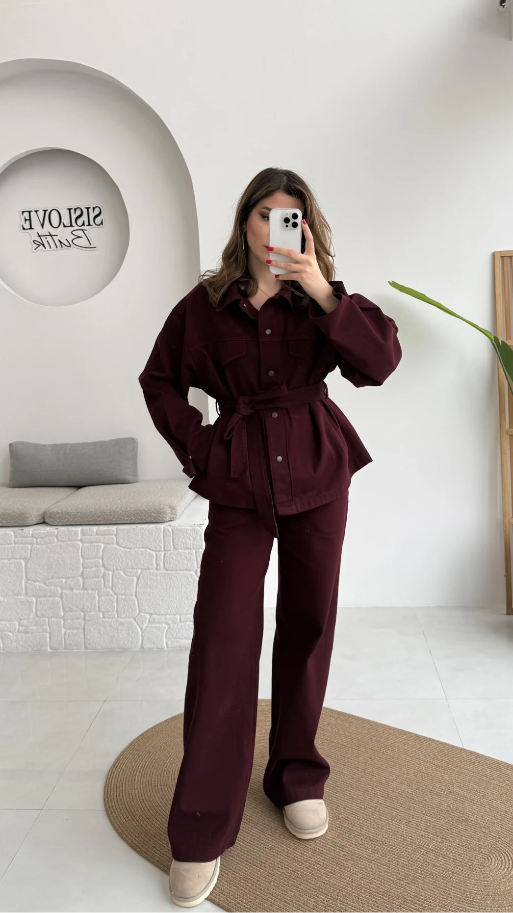 Kuşaklı Gabardin Takım - Mürdüm - Kod: 8897