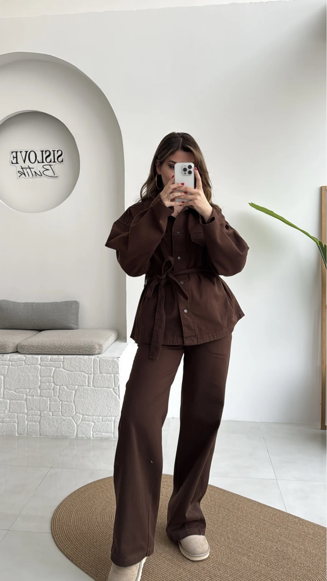 Kuşaklı Gabardin Takım - Acı Kahve - Kod: 8897