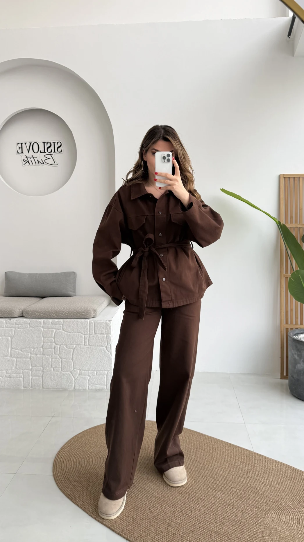 Kuşaklı Gabardin Takım - Acı Kahve - Kod: 8897