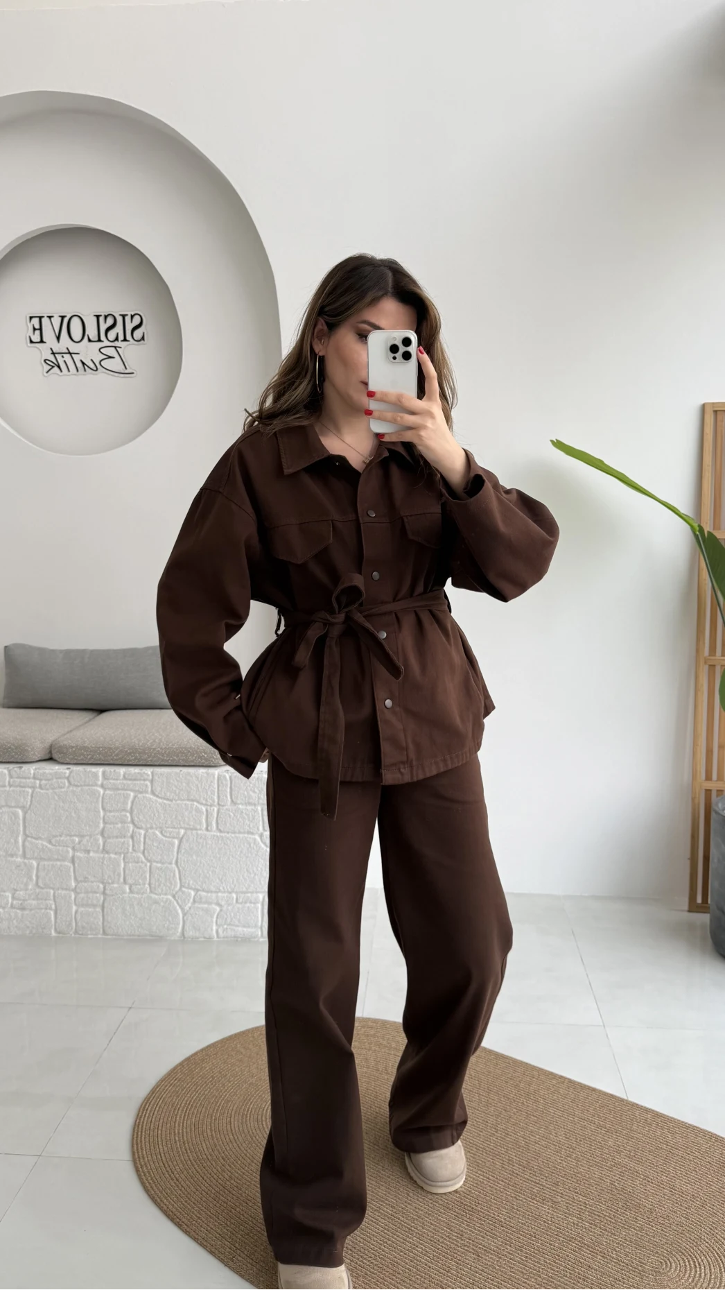 Kuşaklı Gabardin Takım - Acı Kahve - Kod: 8897