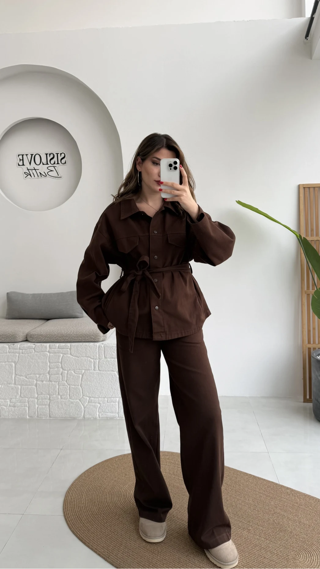 Kuşaklı Gabardin Takım - Acı Kahve - Kod: 8897