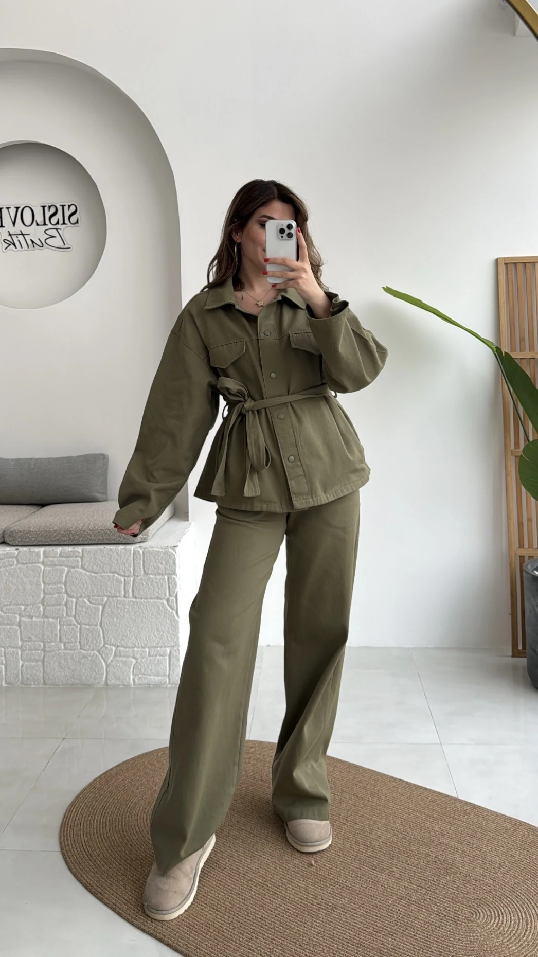 Kuşaklı Gabardin Takım - Haki - Kod: 8897