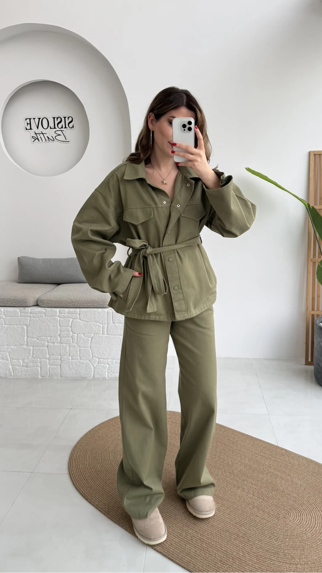 Kuşaklı Gabardin Takım - Haki - Kod: 8897