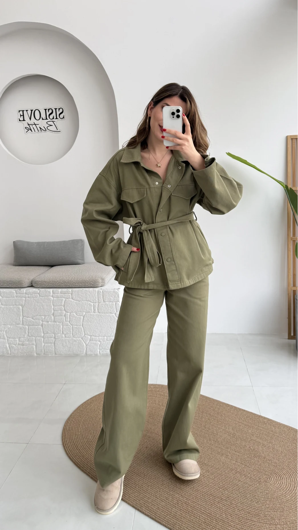 Kuşaklı Gabardin Takım - Haki - Kod: 8897