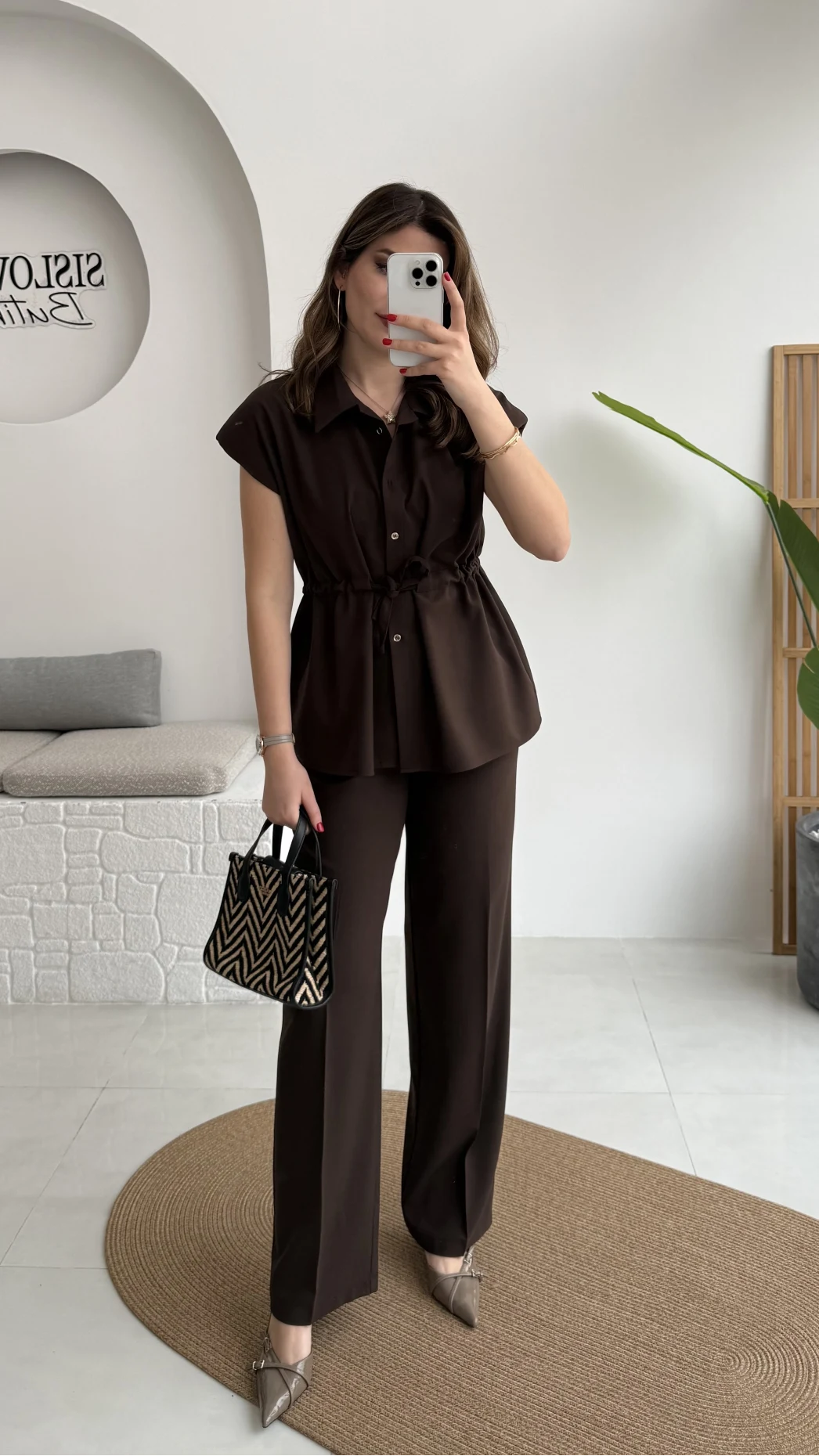 Ruby Vatkalı Sıfır Kol Kemerli Yelek Takım - Kahve - Kod: 8870