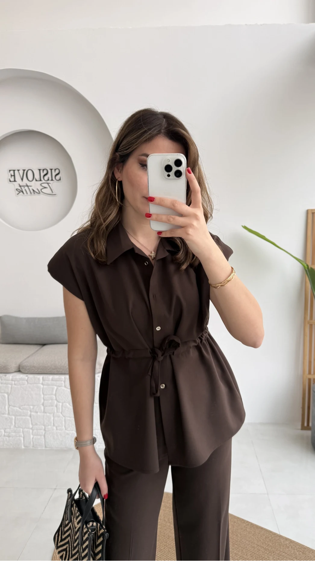 Ruby Vatkalı Sıfır Kol Kemerli Yelek Takım - Kahve - Kod: 8870