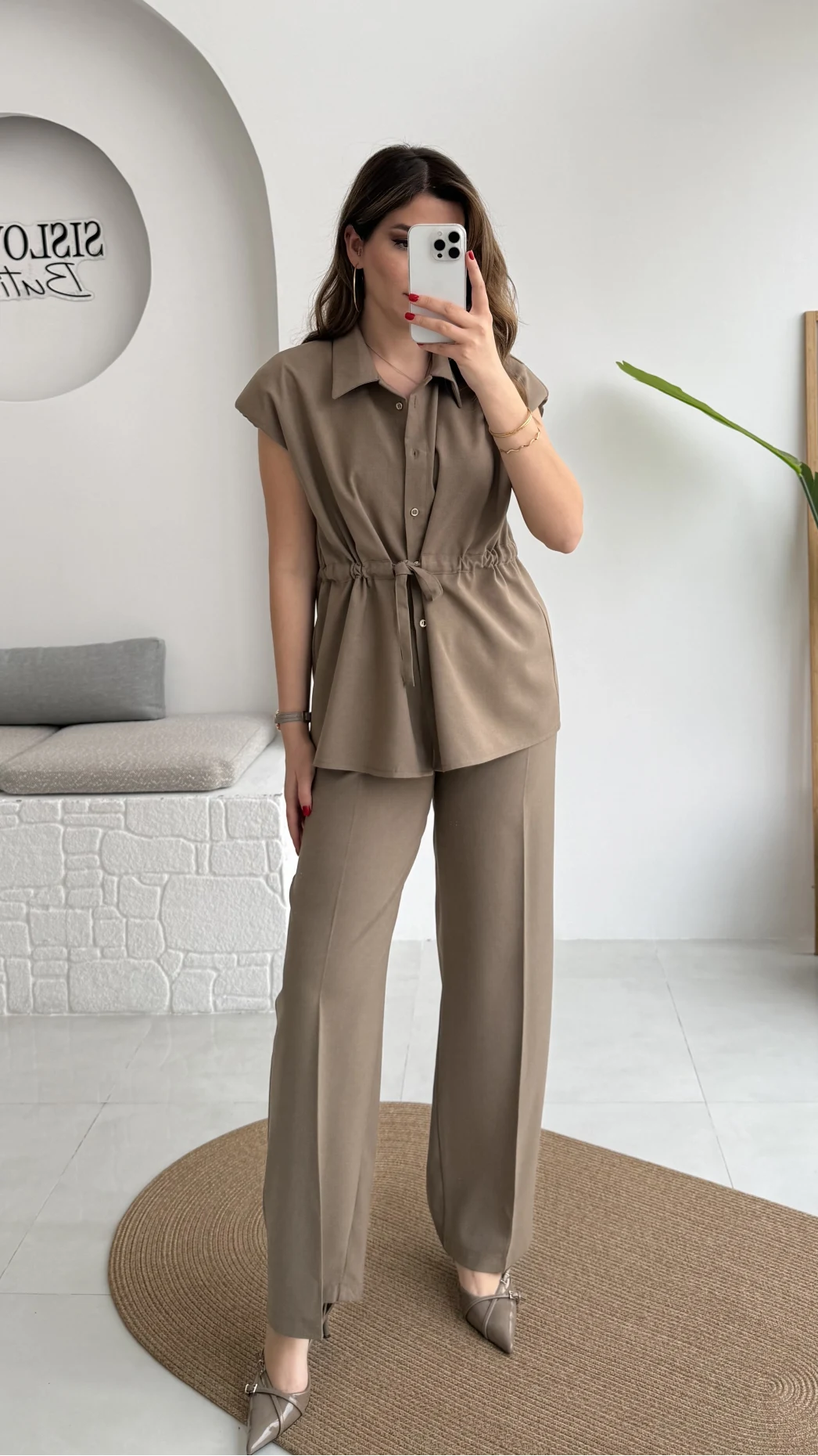 Ruby Vatkalı Sıfır Kol Kemerli Yelek Takım - Haki - Kod: 8870