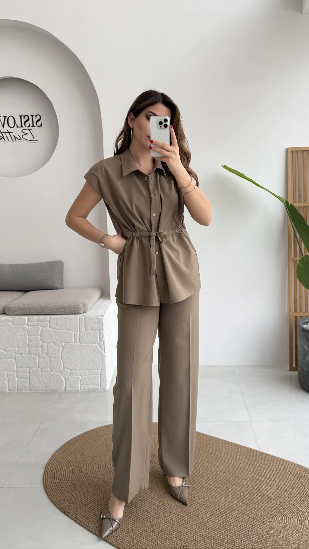 Ruby Vatkalı Sıfır Kol Kemerli Yelek Takım - Haki - Kod: 8870