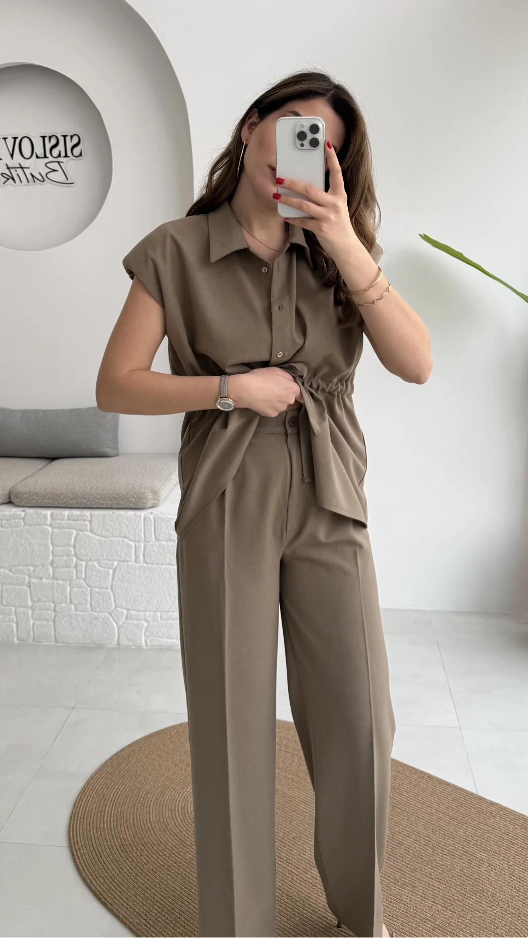 Ruby Vatkalı Sıfır Kol Kemerli Yelek Takım - Haki - Kod: 8870