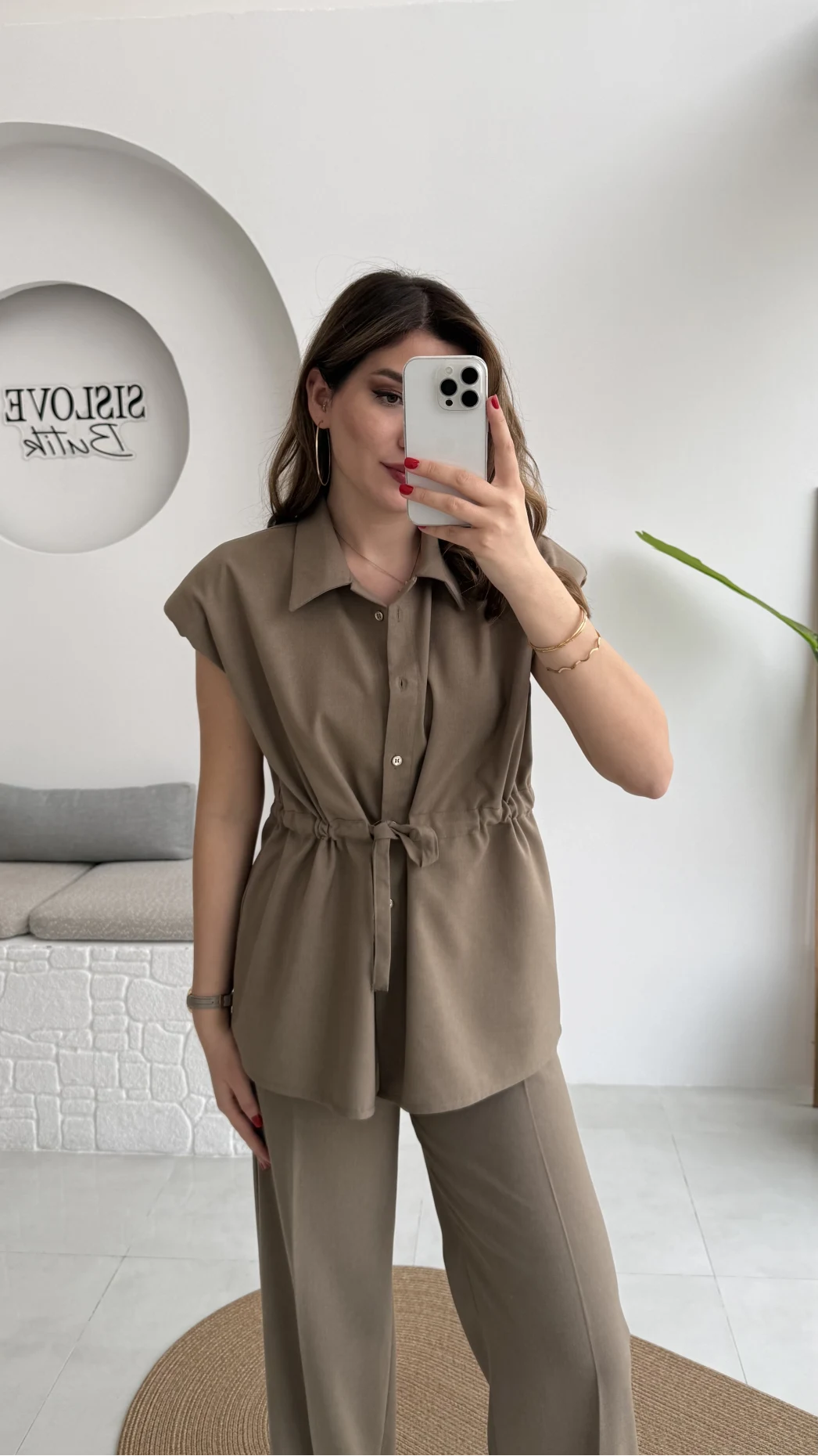 Ruby Vatkalı Sıfır Kol Kemerli Yelek Takım - Haki - Kod: 8870