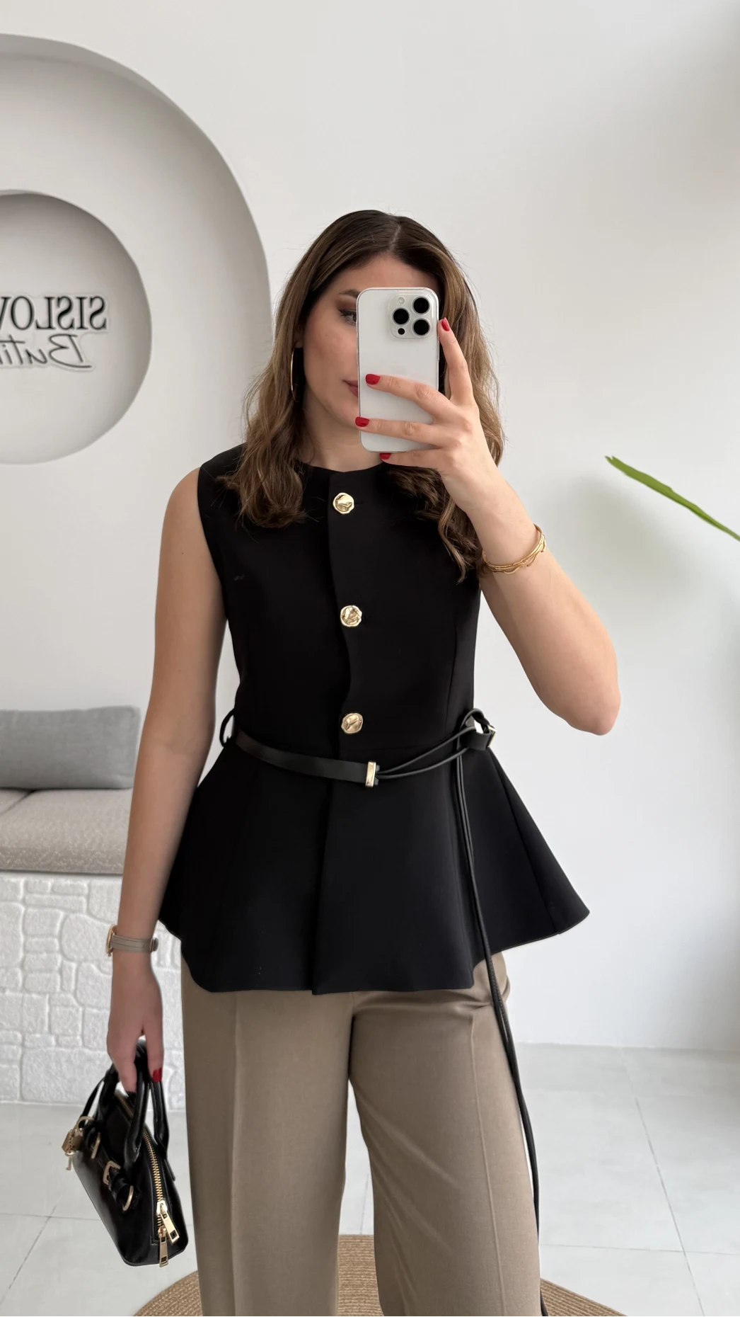 Kemer Detay Gold Düğmeli Yelek - Siyah - Kod: 9682