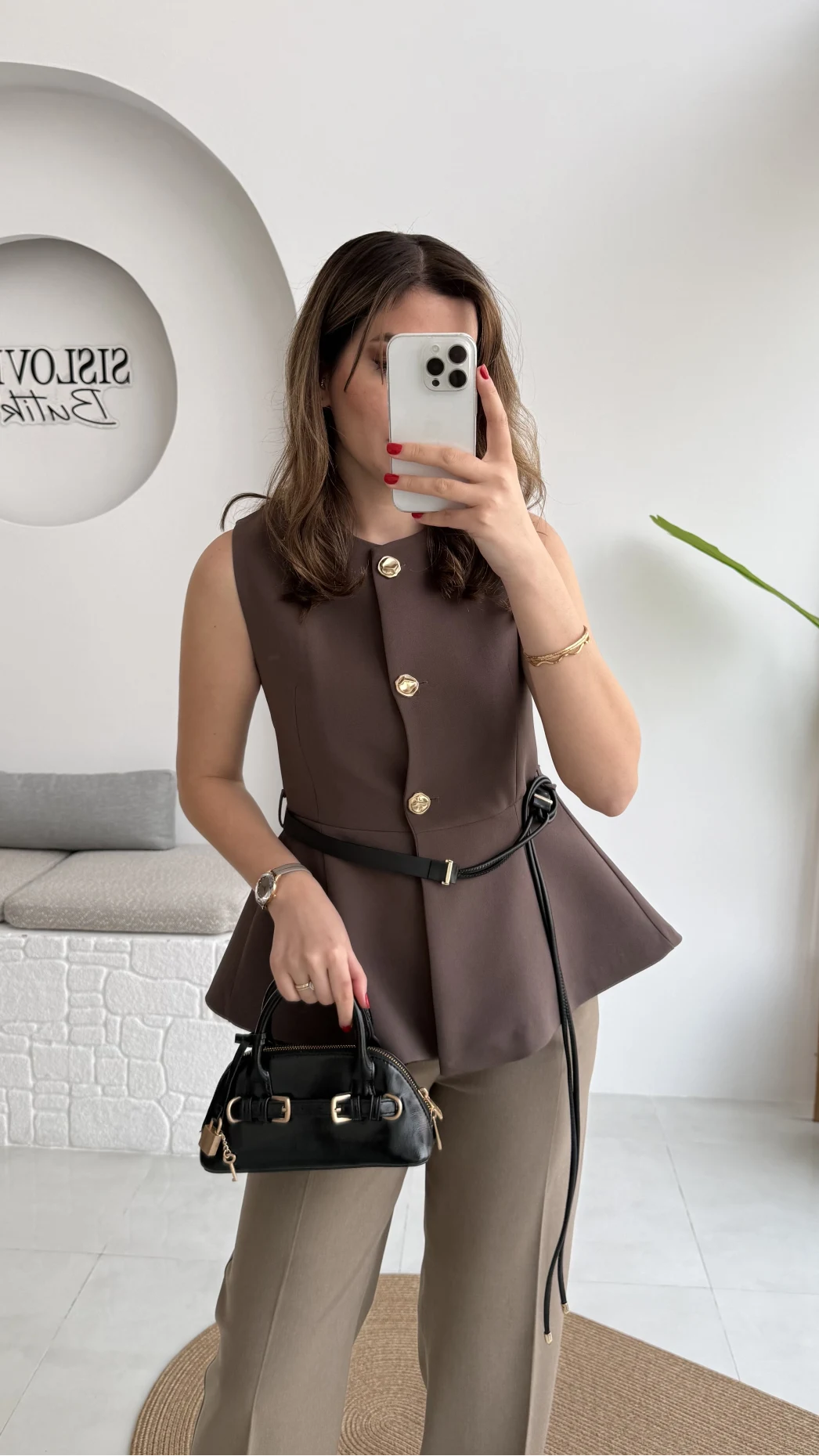 Kemer Detay Gold Düğmeli Yelek - Acı Kahve - Kod: 9682