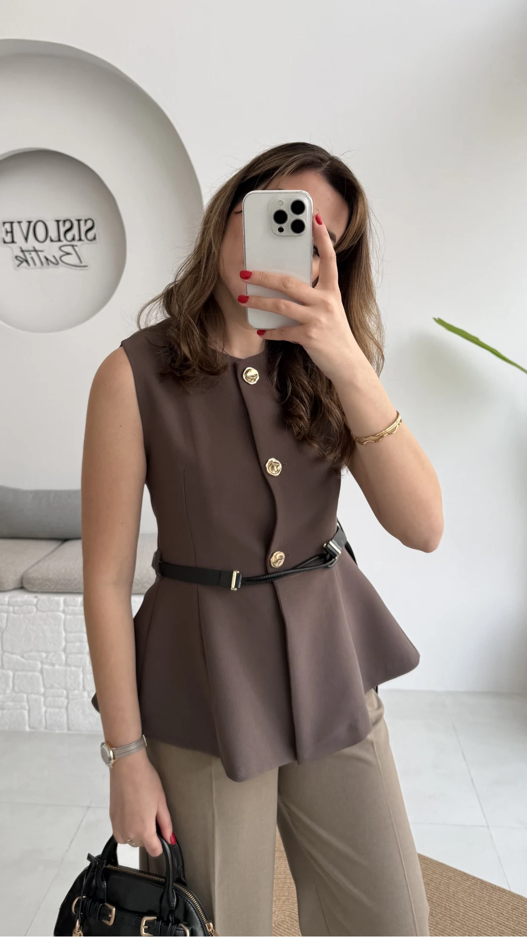 Kemer Detay Gold Düğmeli Yelek - Acı Kahve - Kod: 9682