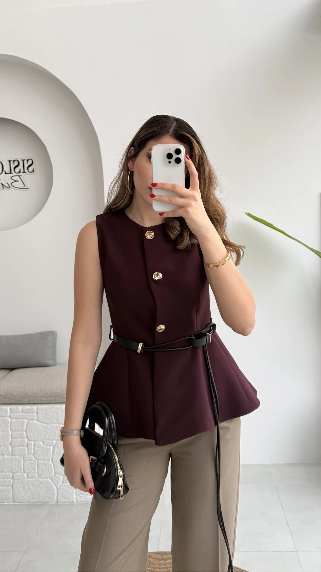 Kemer Detay Gold Düğmeli Yelek - Mürdüm - Kod: 9682