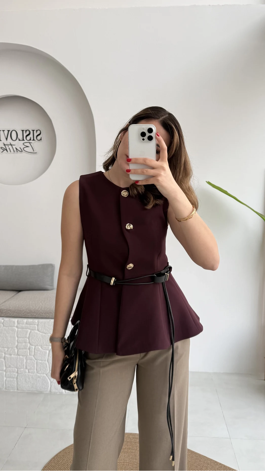 Kemer Detay Gold Düğmeli Yelek - Mürdüm - Kod: 9682