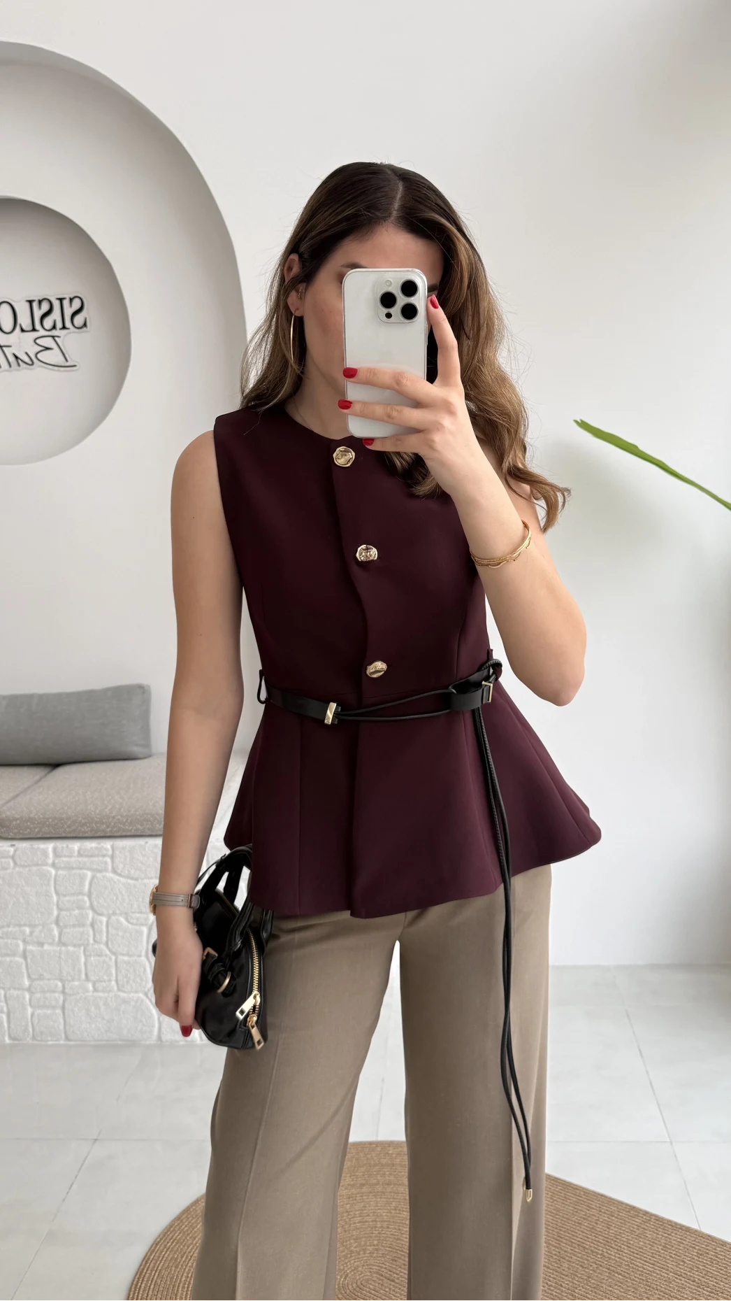 Kemer Detay Gold Düğmeli Yelek - Mürdüm - Kod: 9682