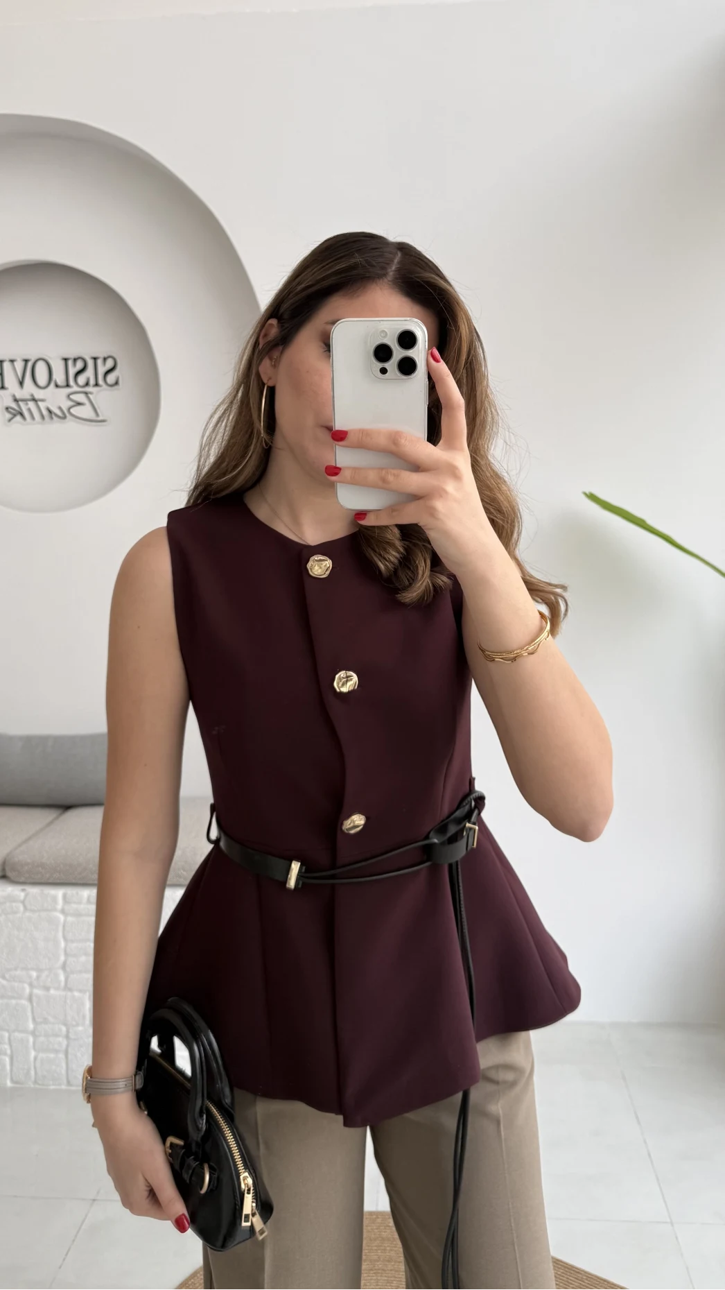 Kemer Detay Gold Düğmeli Yelek - Mürdüm - Kod: 9682