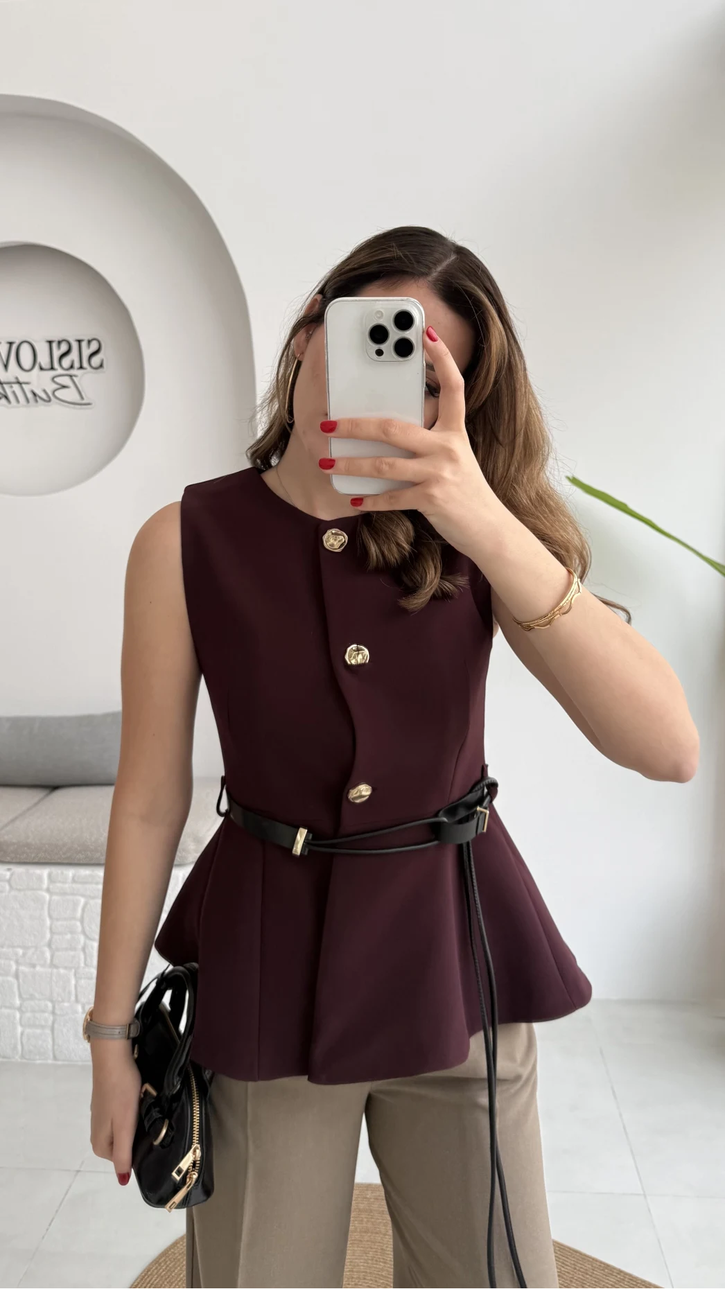 Kemer Detay Gold Düğmeli Yelek - Mürdüm - Kod: 9682