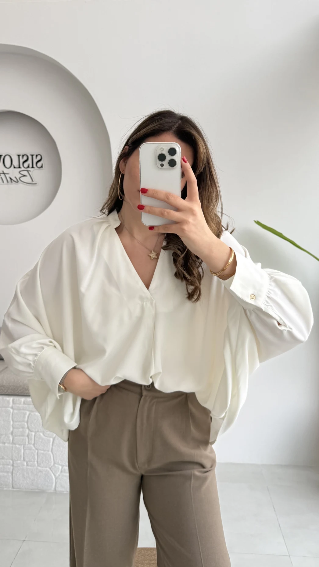 Natalie Yarasa Kol Saten Gömlek - Ekru - Kod: 0575