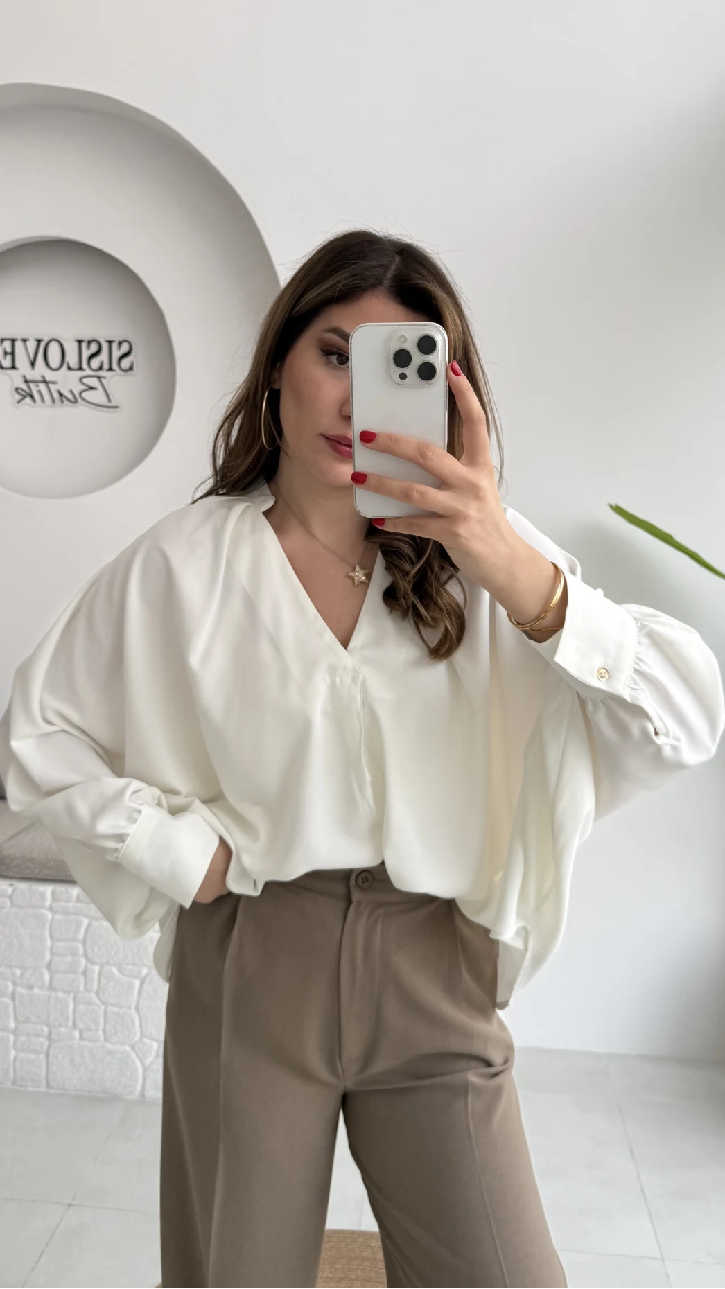 Natalie Yarasa Kol Saten Gömlek - Ekru - Kod: 0575