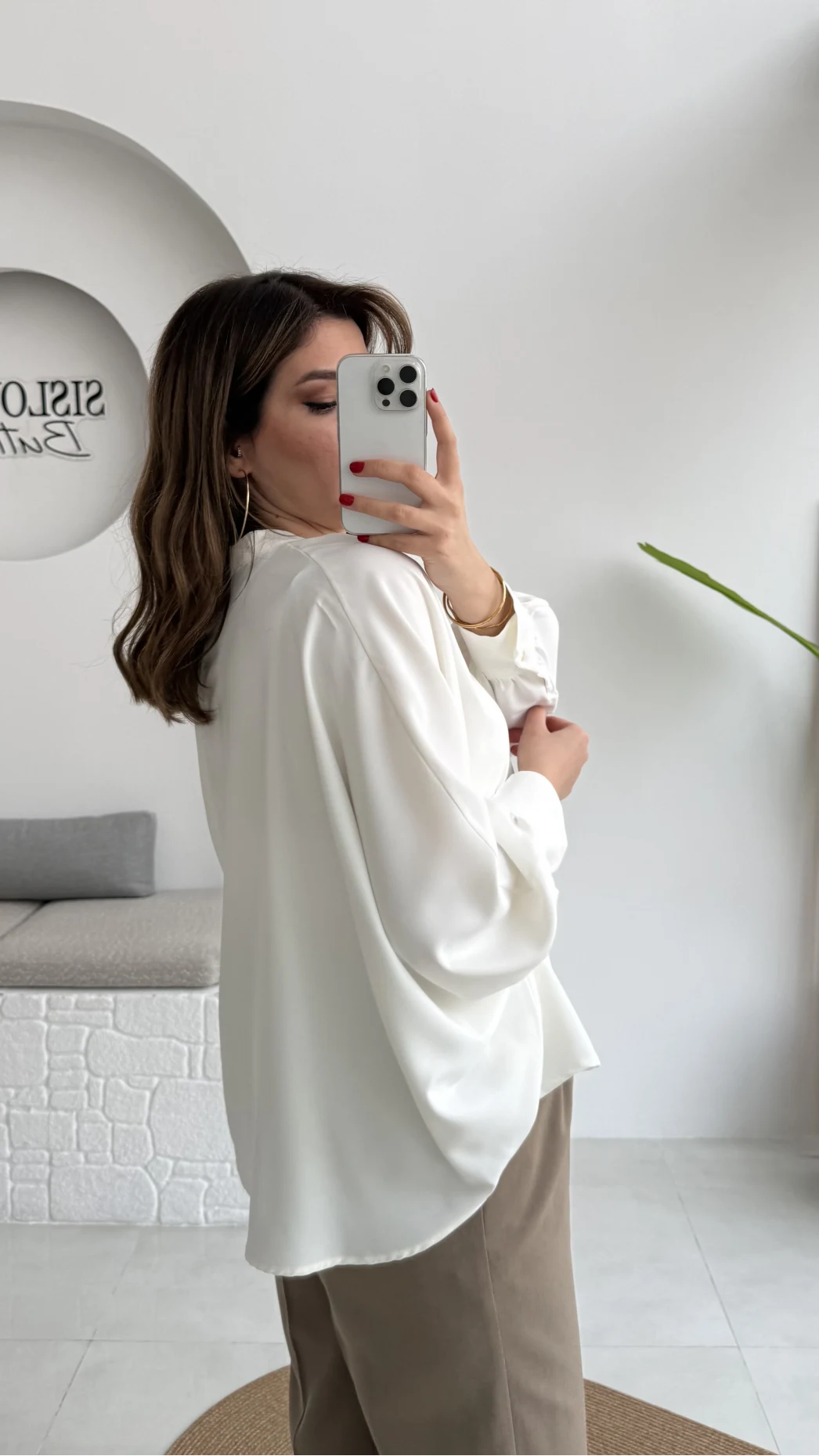 Natalie Yarasa Kol Saten Gömlek - Ekru - Kod: 0575