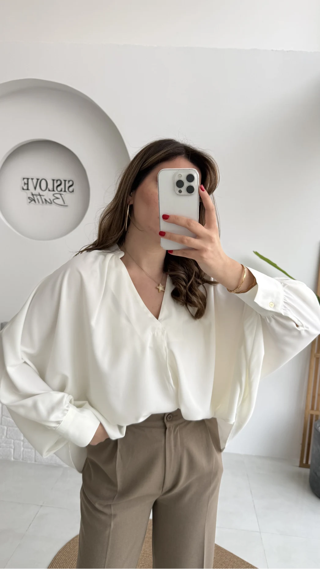 Natalie Yarasa Kol Saten Gömlek - Ekru - Kod: 0575