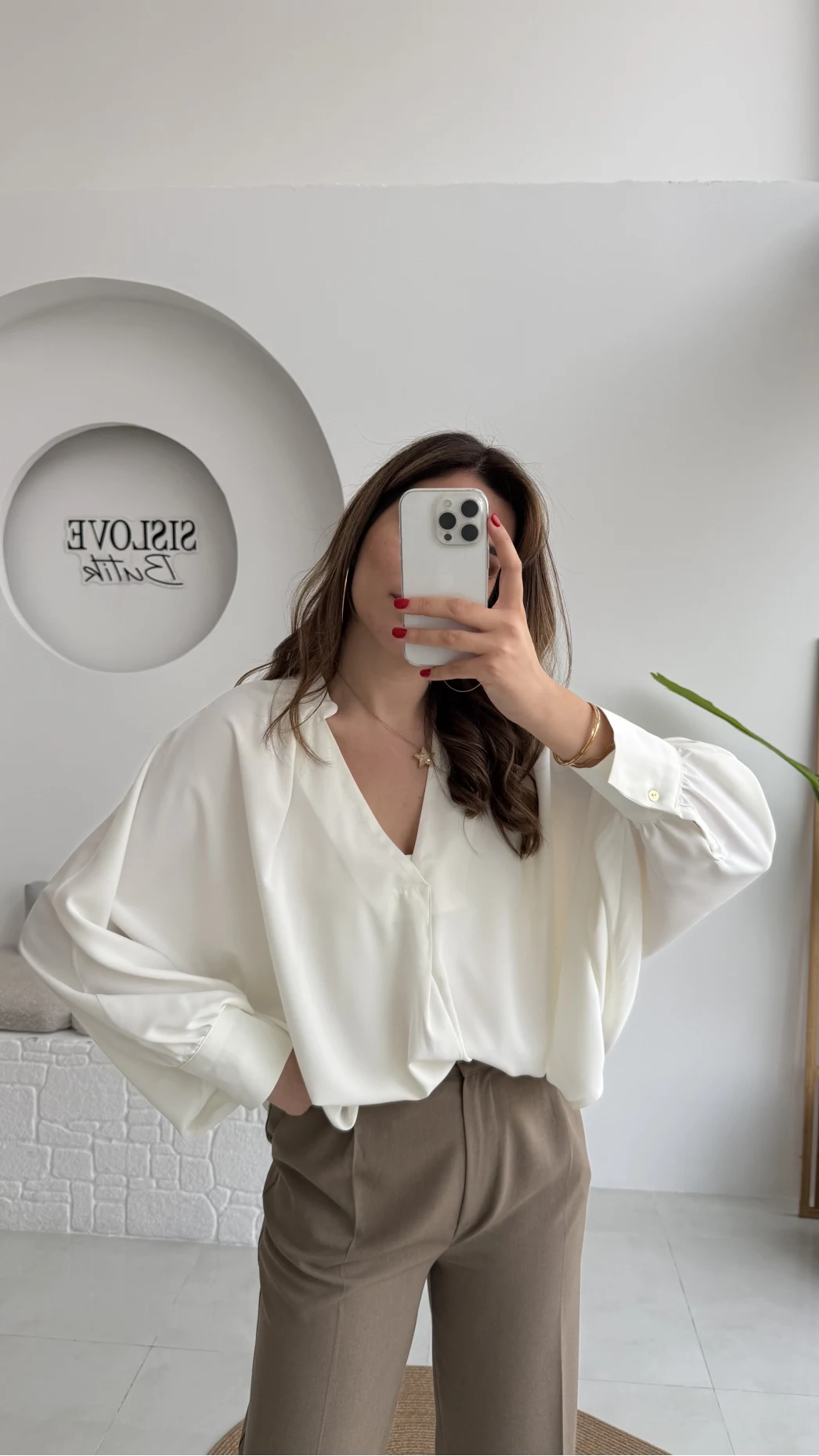 Natalie Yarasa Kol Saten Gömlek - Ekru - Kod: 0575