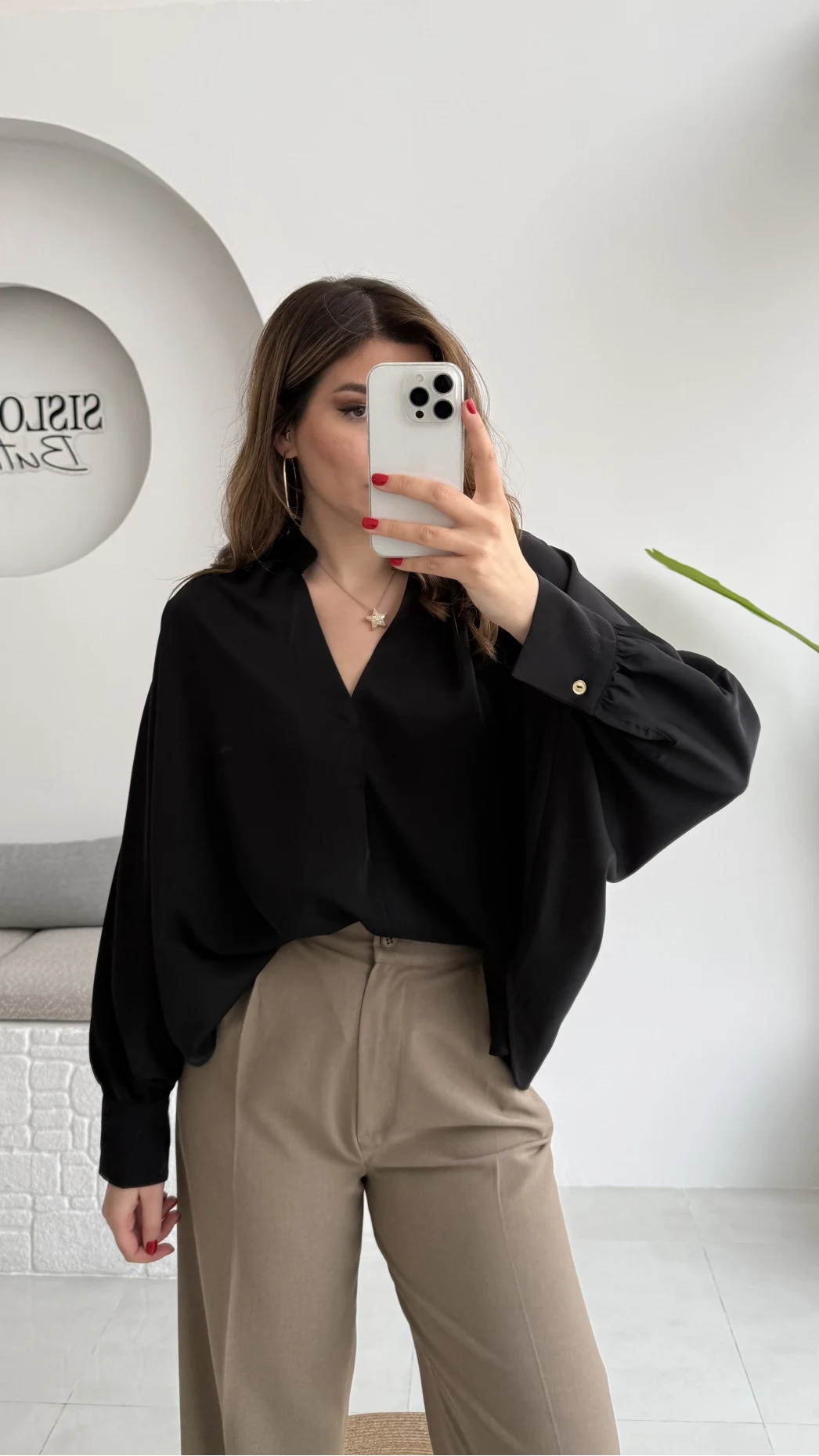 Natalie Yarasa Kol Saten Gömlek - Siyah - Kod: 0575