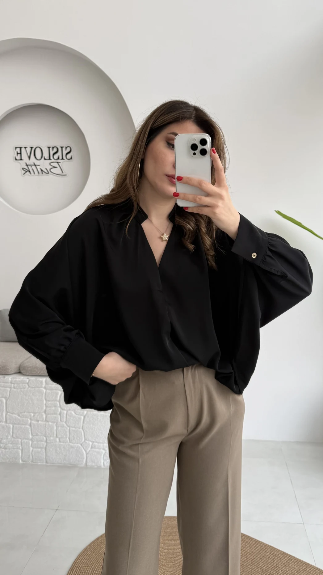 Natalie Yarasa Kol Saten Gömlek - Siyah - Kod: 0575