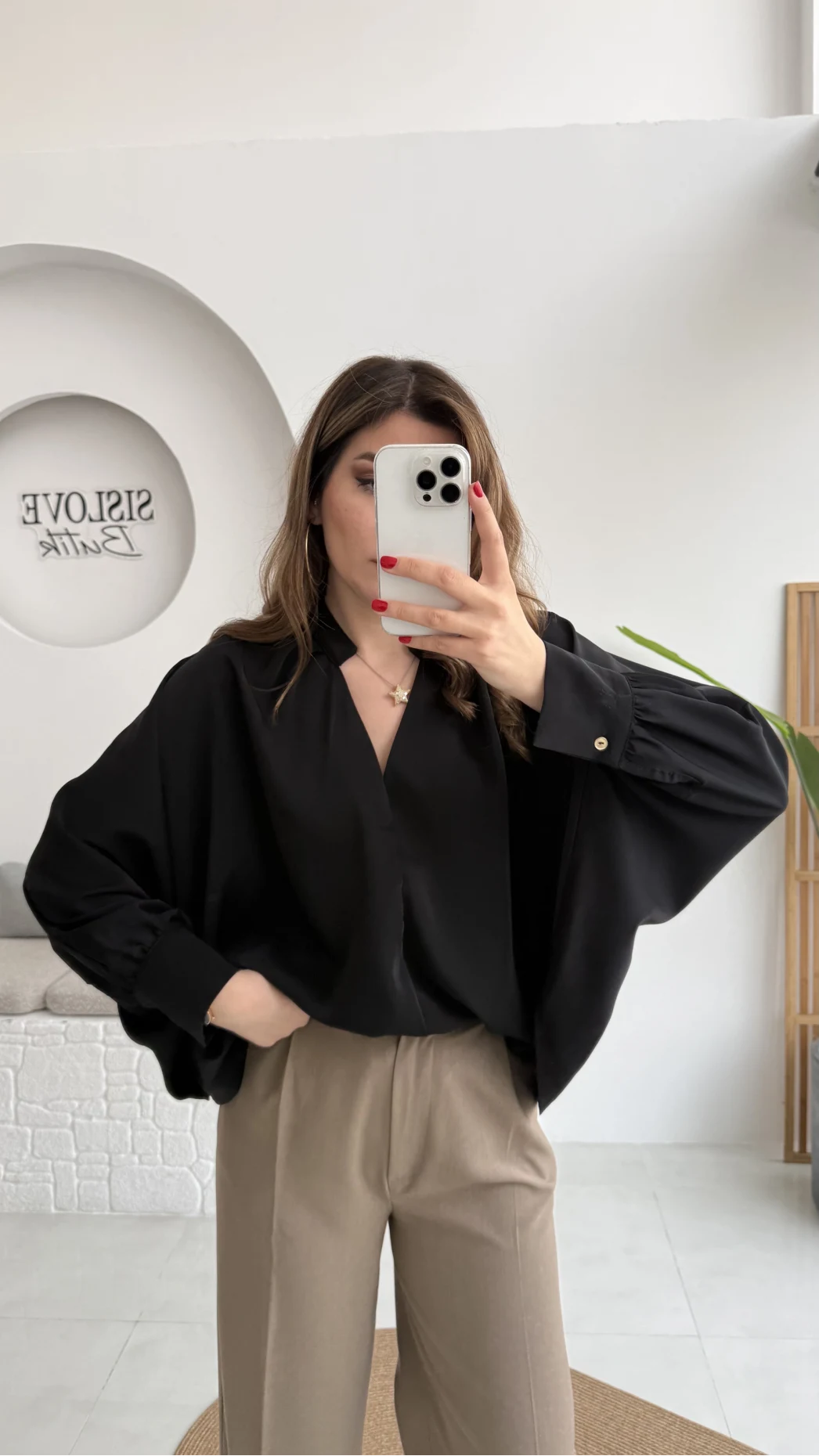 Natalie Yarasa Kol Saten Gömlek - Siyah - Kod: 0575