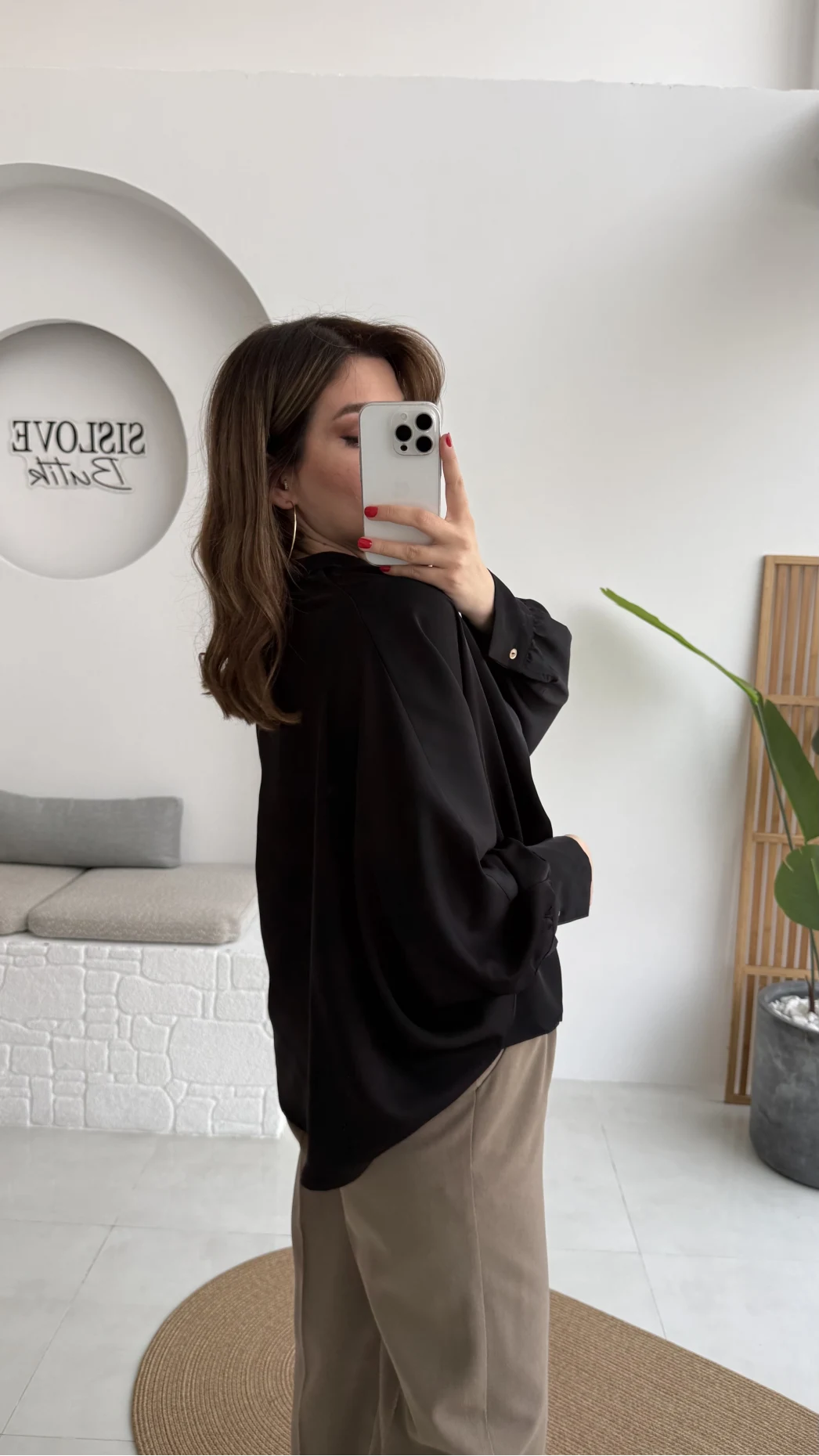 Natalie Yarasa Kol Saten Gömlek - Siyah - Kod: 0575