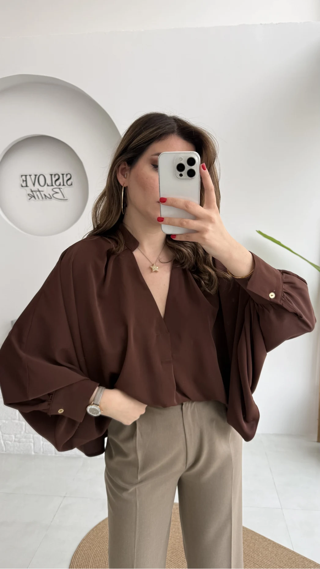 Natalie Yarasa Kol Saten Gömlek - Acı Kahve - Kod: 0575