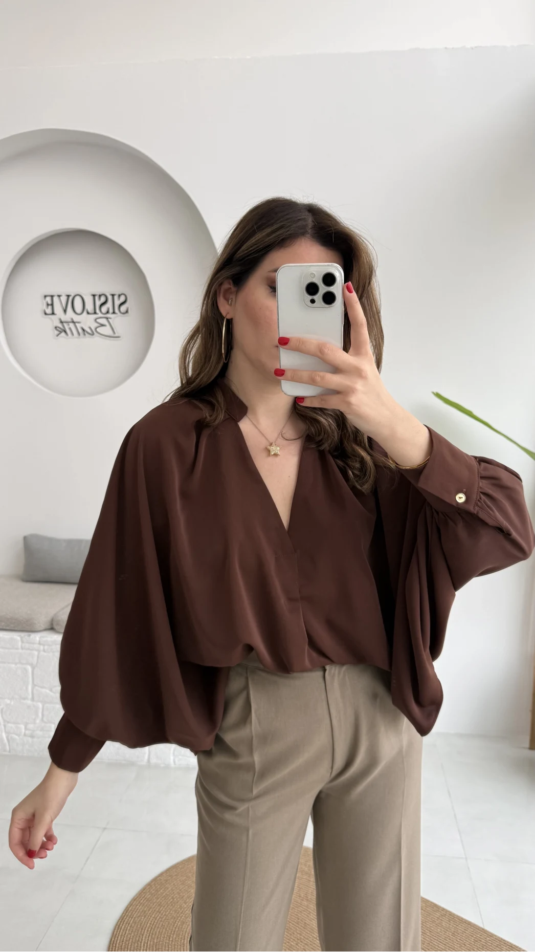 Natalie Yarasa Kol Saten Gömlek - Acı Kahve - Kod: 0575