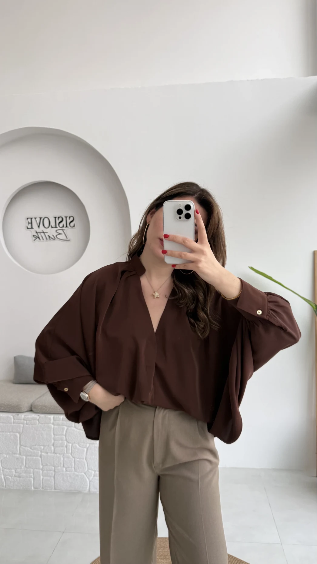 Natalie Yarasa Kol Saten Gömlek - Acı Kahve - Kod: 0575