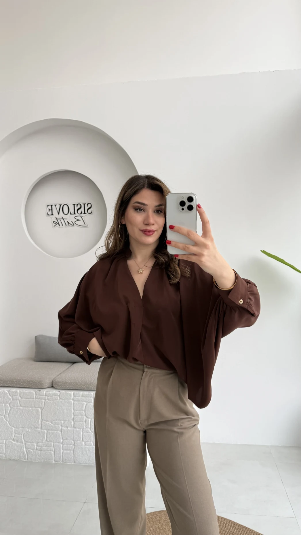 Natalie Yarasa Kol Saten Gömlek - Acı Kahve - Kod: 0575