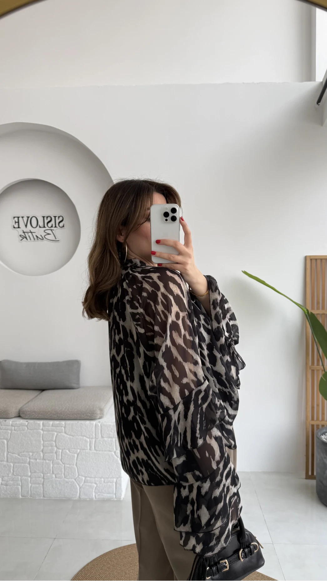 Velma Fular Bağlamalı Desenli Şifon Bluz - Siyah - Kod: 5024