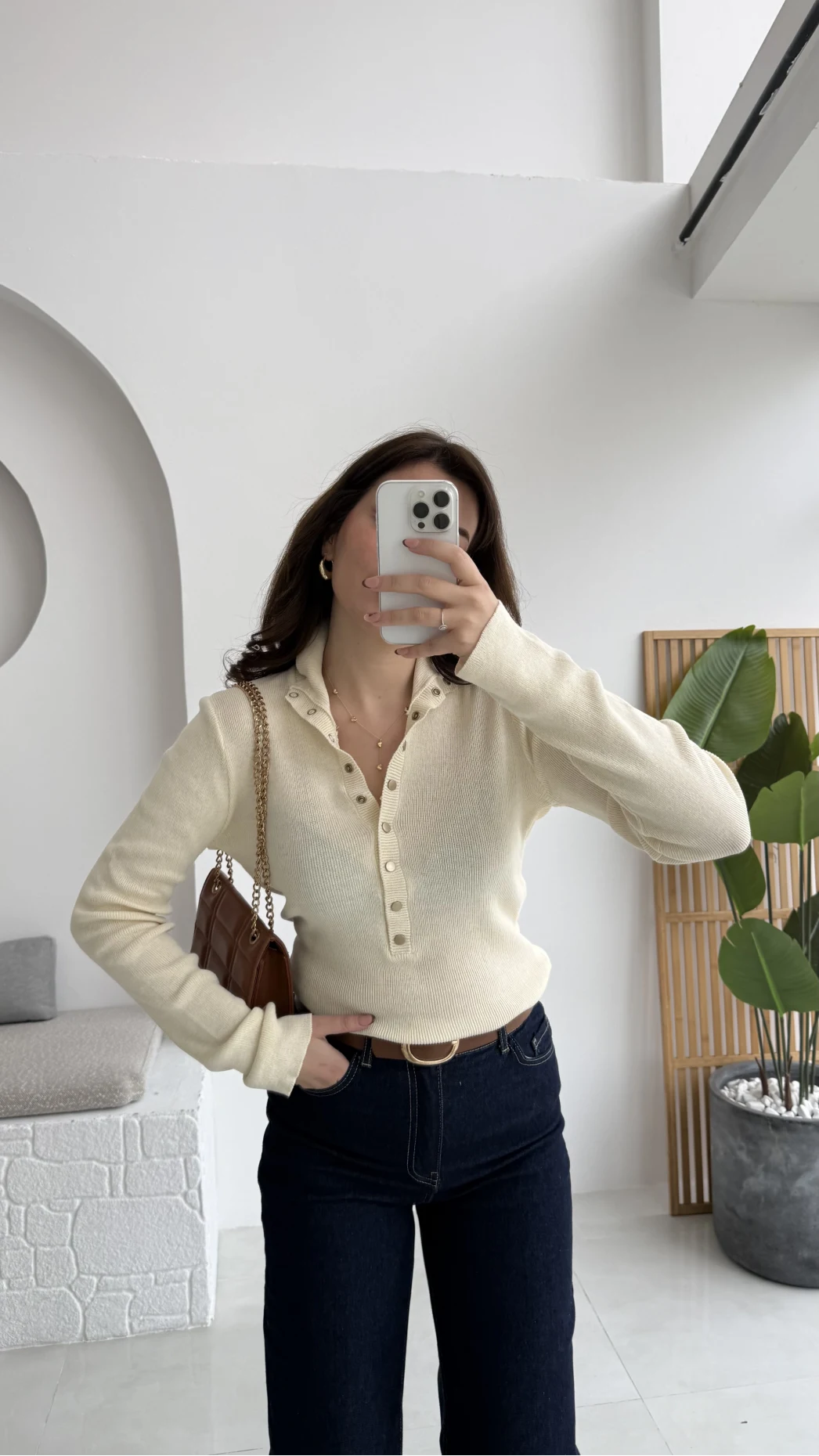 Sasha Dik Yaka Düğmeli Triko Kazak - Ekru