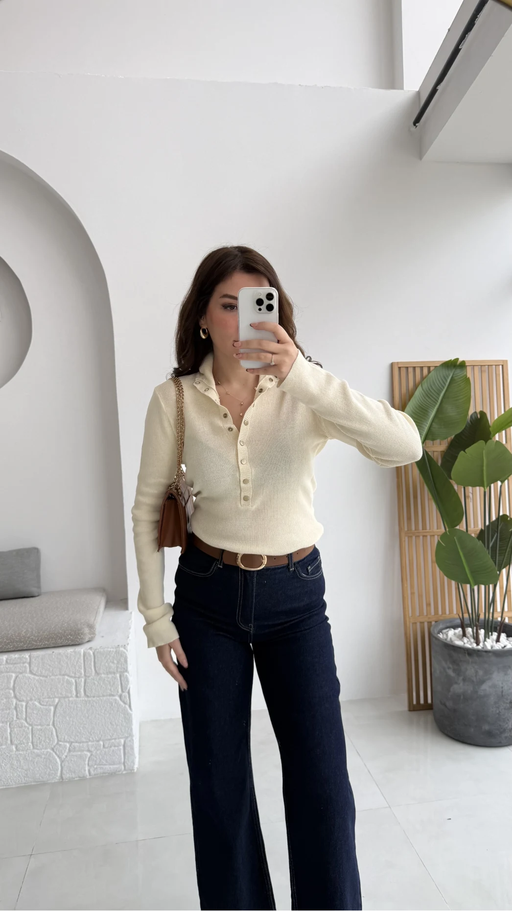 Sasha Dik Yaka Düğmeli Triko Kazak - Ekru