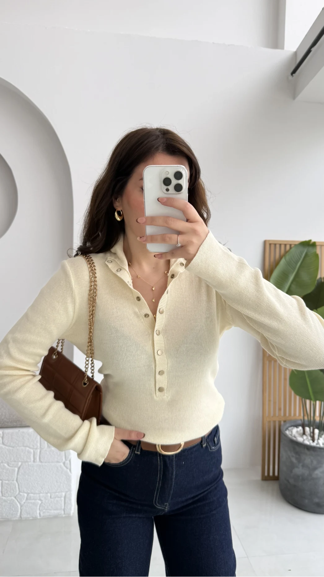 Sasha Dik Yaka Düğmeli Triko Kazak - Ekru