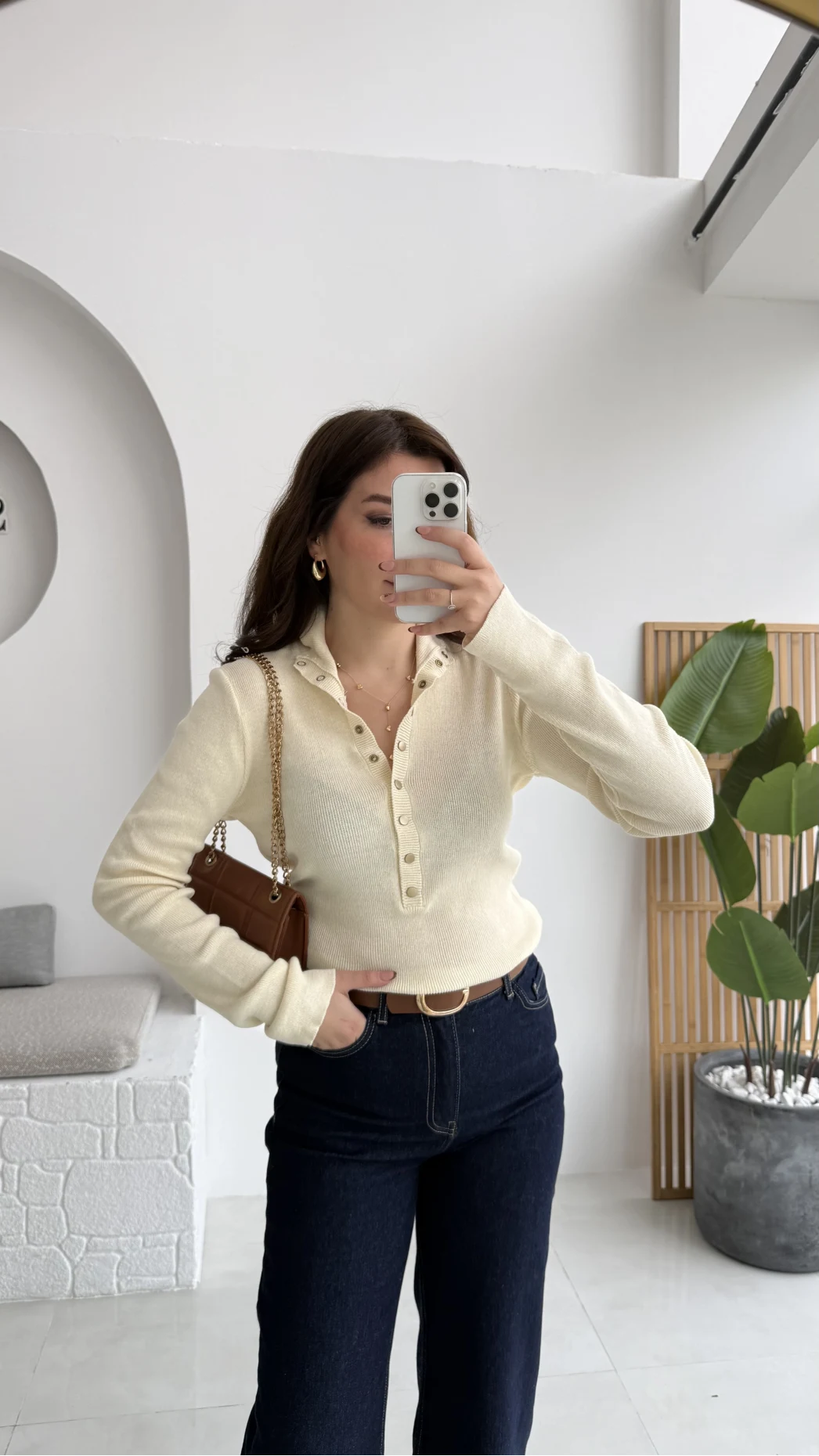 Sasha Dik Yaka Düğmeli Triko Kazak - Ekru