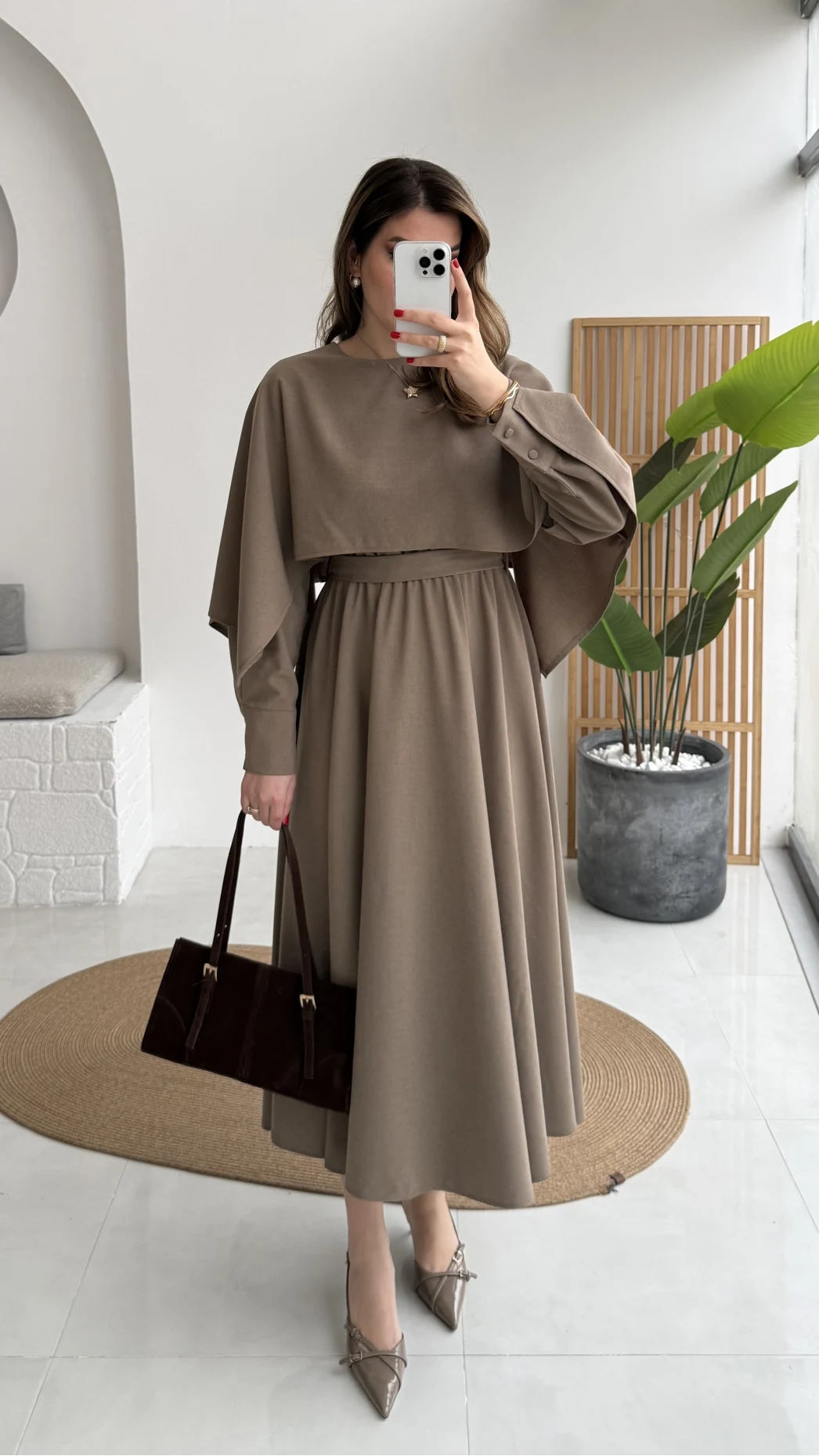 Celine Pelerin Detay Kuşaklı Elbise - Haki - Kod: 2344