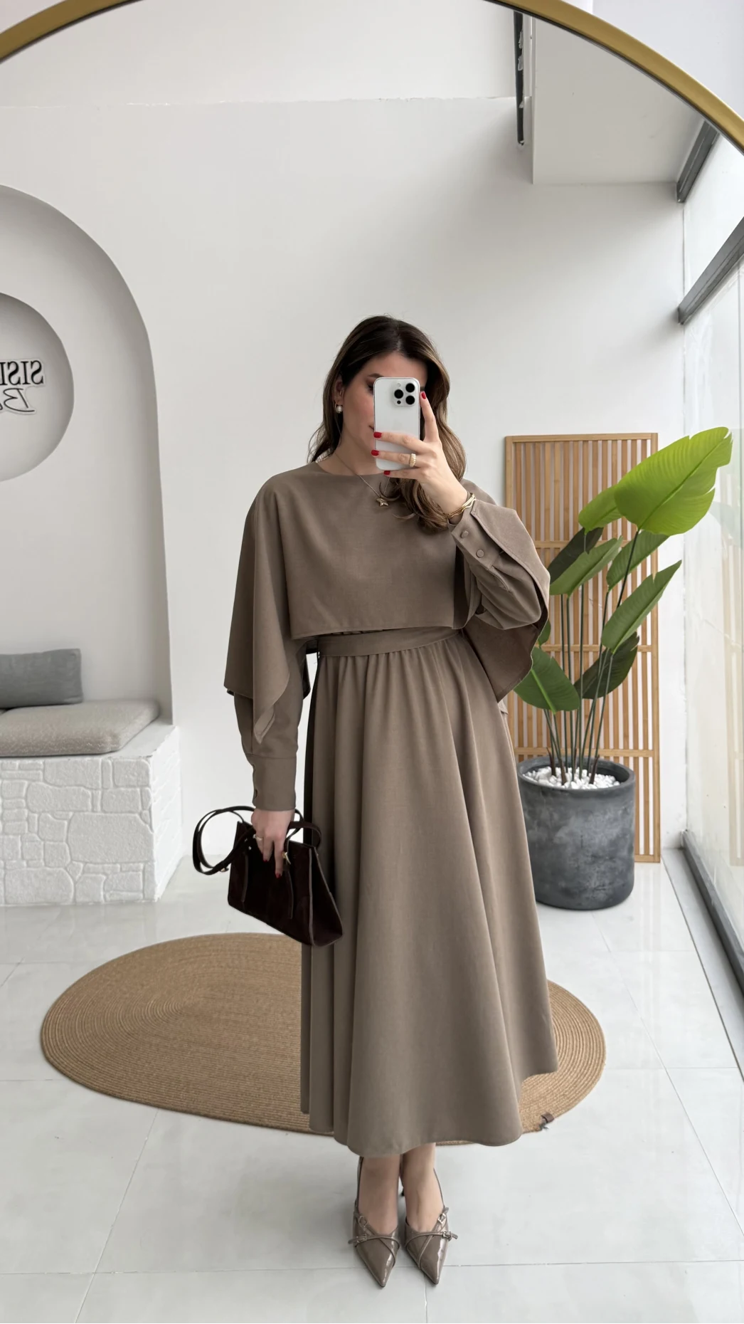 Celine Pelerin Detay Kuşaklı Elbise - Haki - Kod: 2344