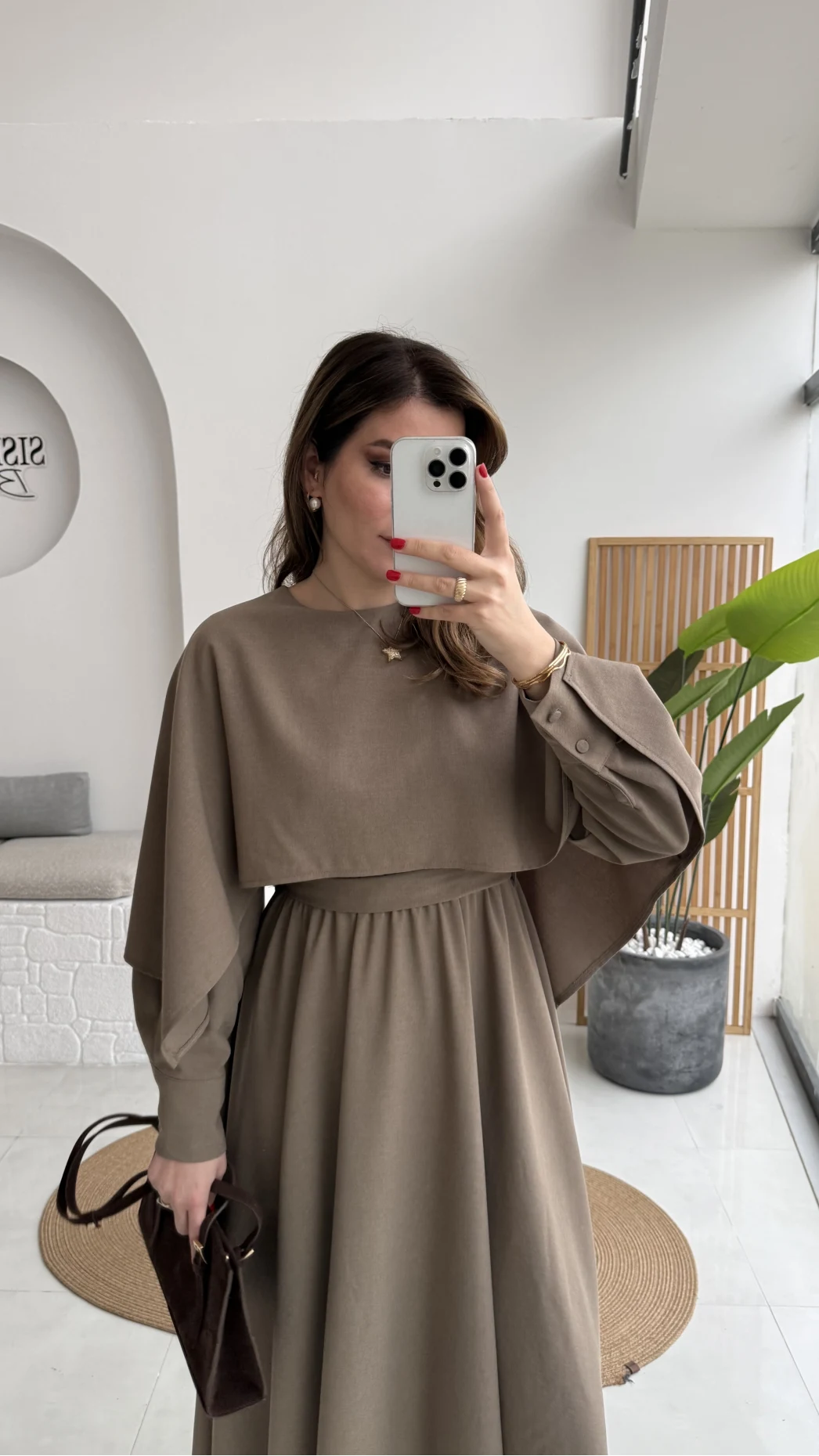 Celine Pelerin Detay Kuşaklı Elbise - Haki - Kod: 2344