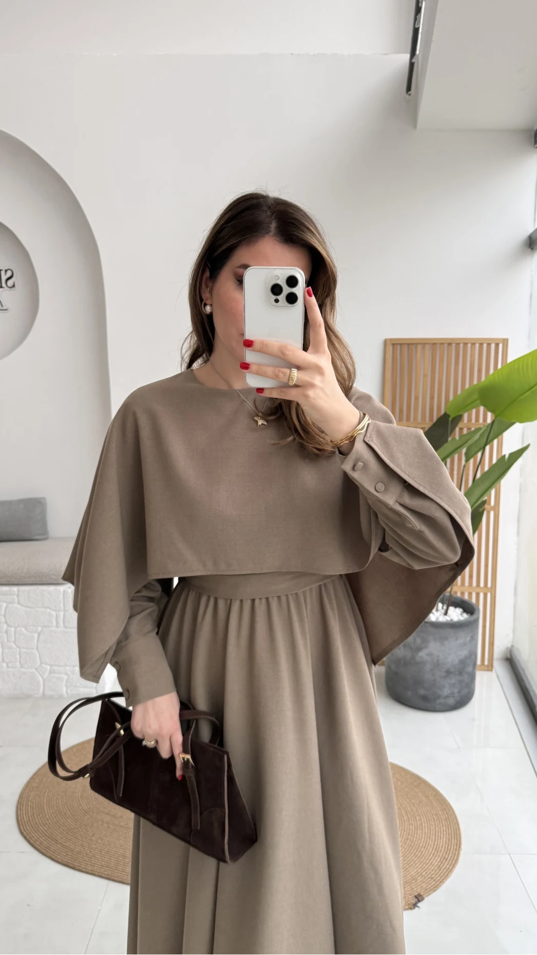 Celine Pelerin Detay Kuşaklı Elbise - Haki - Kod: 2344