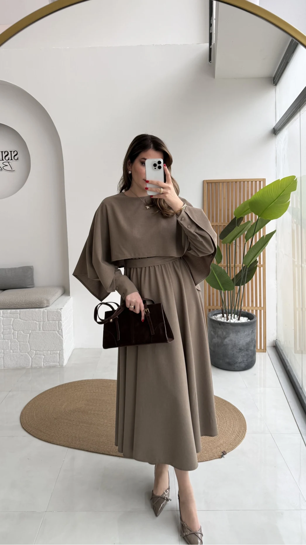 Celine Pelerin Detay Kuşaklı Elbise - Haki - Kod: 2344